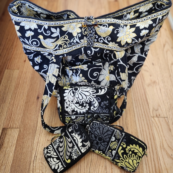 Vera Bradley Black Yellow Button Floral Paisley Tote Bag with Accessories Large - Picture 2 of 16